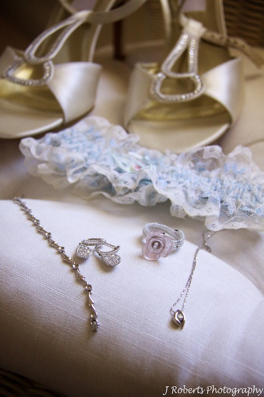 Brides jewellery, garter and shoes - wedding photography sydney